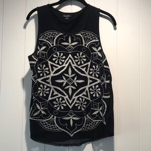Lucky Brand black embroidered tank top mesh overlay lined XS